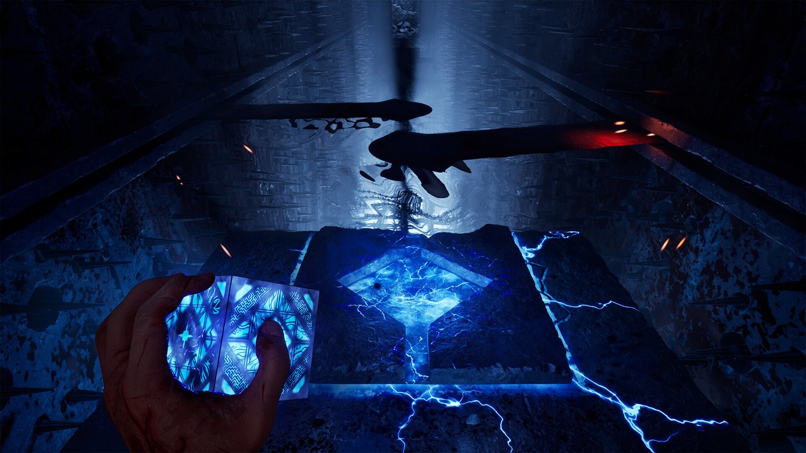 Hellraiser: Revival screenshot showing a blue puzzle artifact in first-person view facing a glowing floor mechanism
