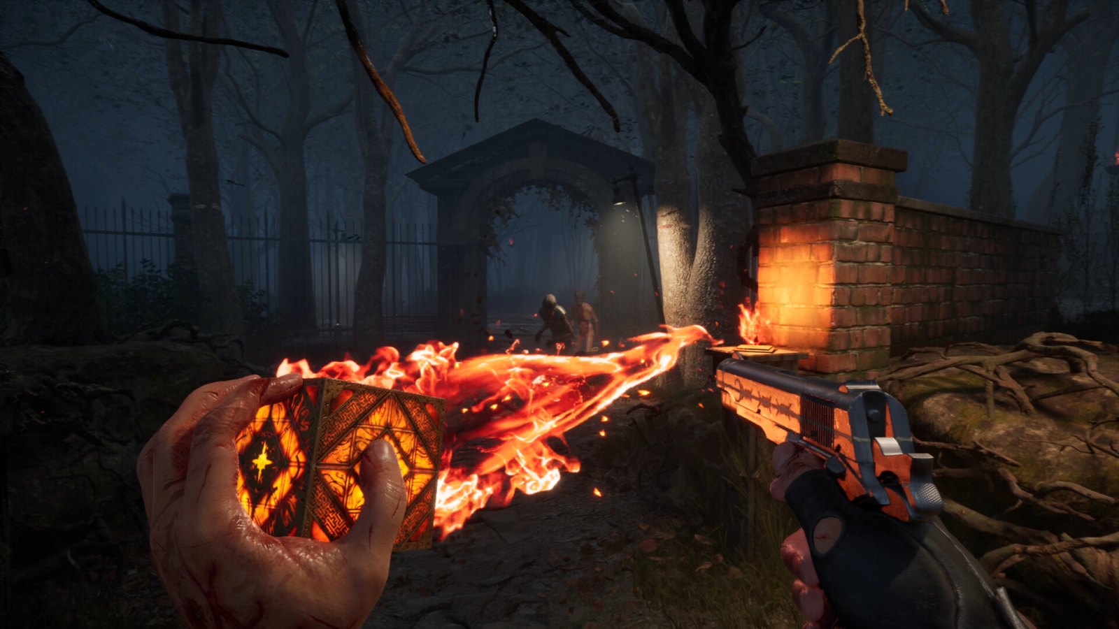 A flaming artifact lights a dark courtyard.